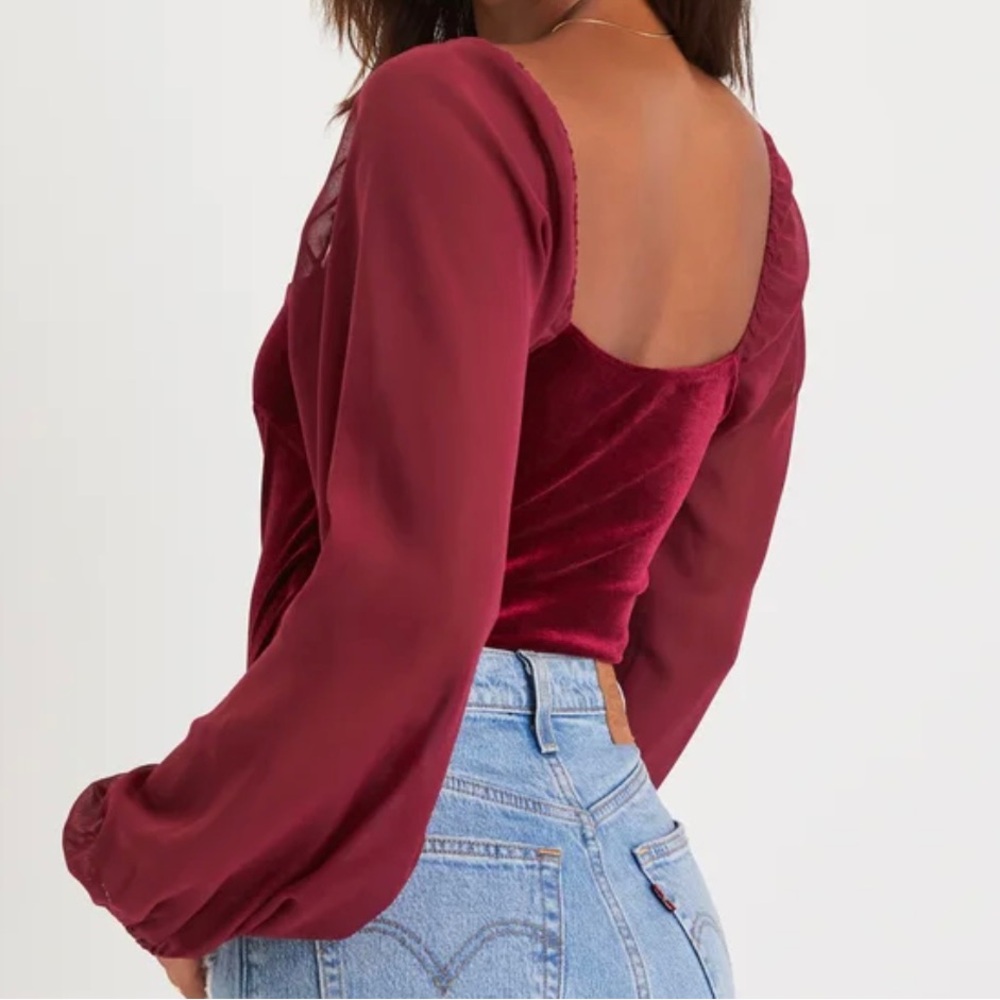 Lulus Chic Poise Wine Red Velvet Notched Balloon Sleeve Bodysuit,Medium, NWT - Picture 7 of 9